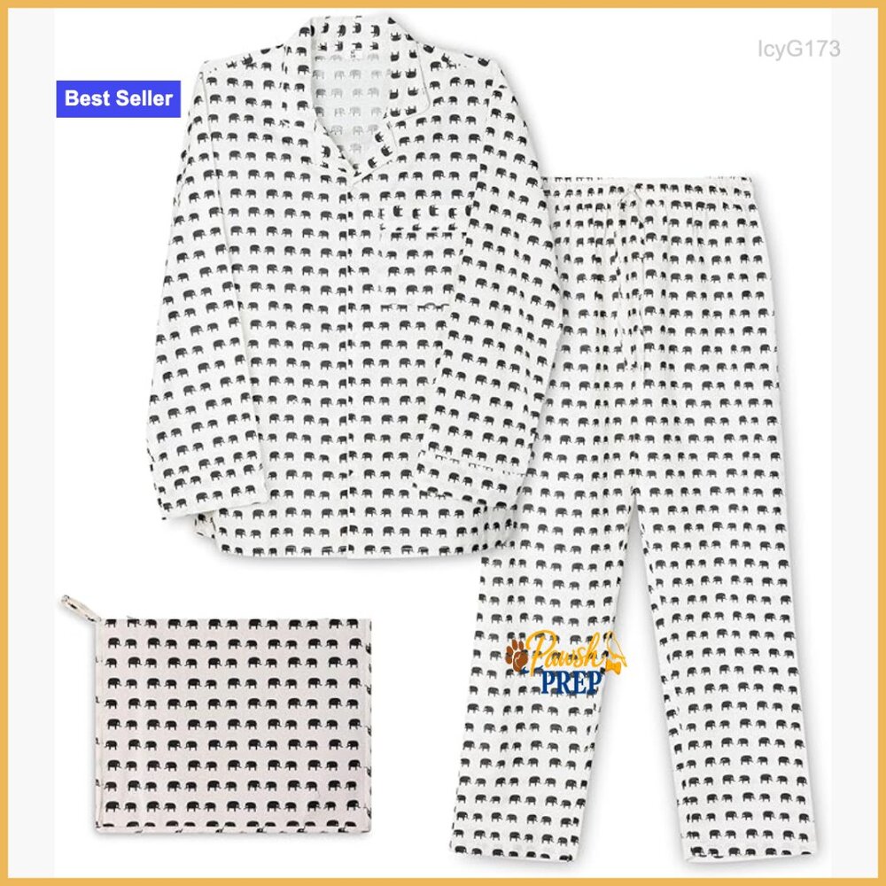 Men's Cotton Pajama Set Long Sleeve Button Shirt Elastic Waist Pants